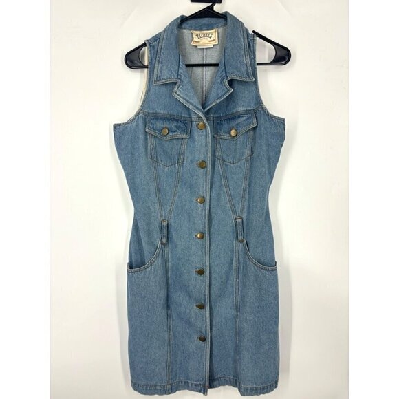 Vintage Denim Vest Button Up Dress Blue 11/12 Medium - Picture 1 of 4
